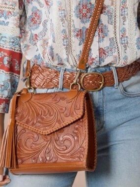 Sundance Tooled Leather Crossbody Bag in Cognac